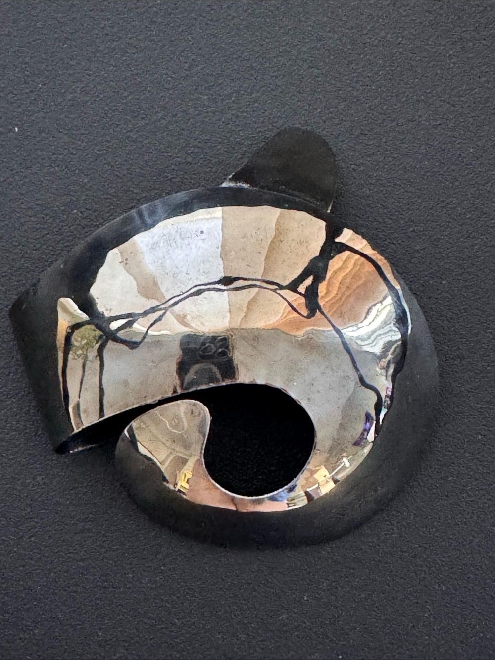 Vintage Brooch Oversized Silver Color Oxidized Disc